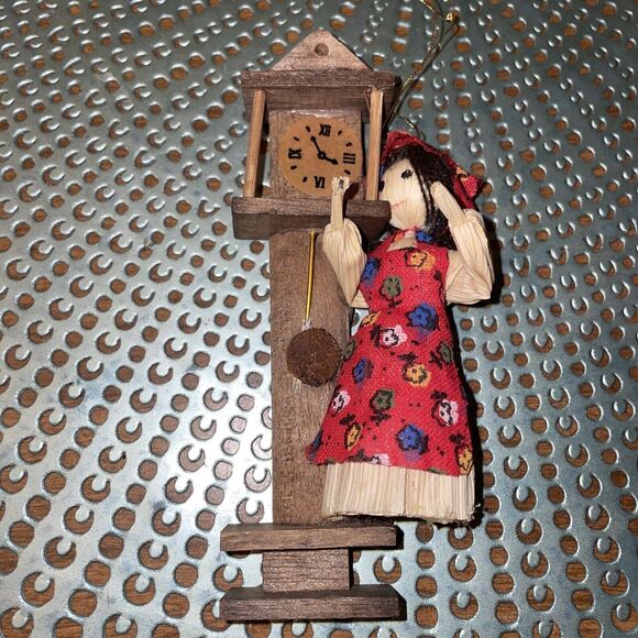 Vintage Christmas Ornament Cornhusk Lady Grandfather Clock - Picture 1 of 13